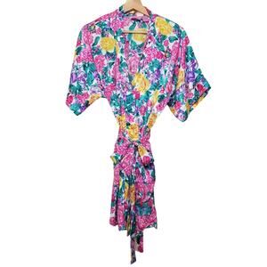 Vtg Sleep Solutions Short Robe Belted Pockets Size S Bright Floral Cottage Retro